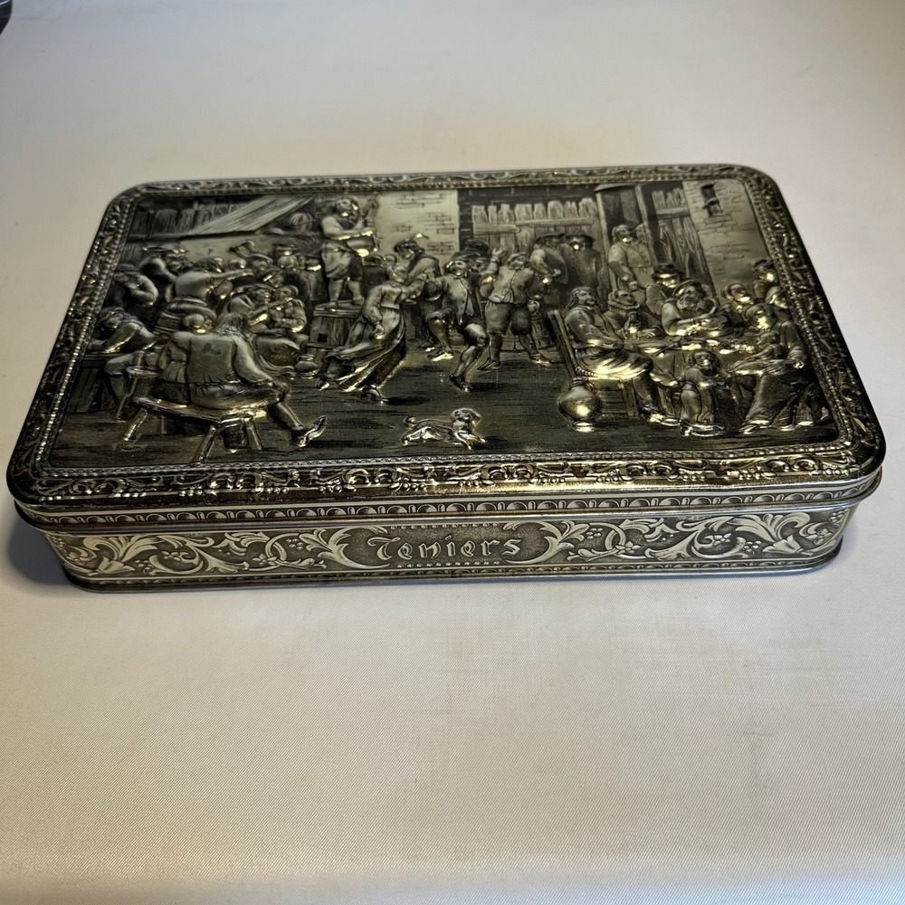 Vintage Teniers Biscuit Tin 3D Embossed Silver Relief Made in Belgium Candy Box
